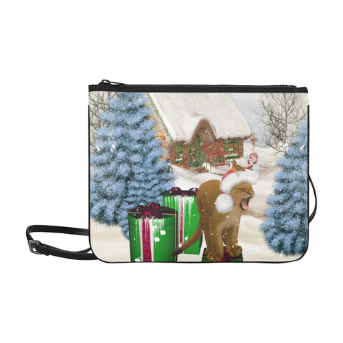 Christmas cute little lion with christmas hat Slim Clutch Bag (Model 1668)