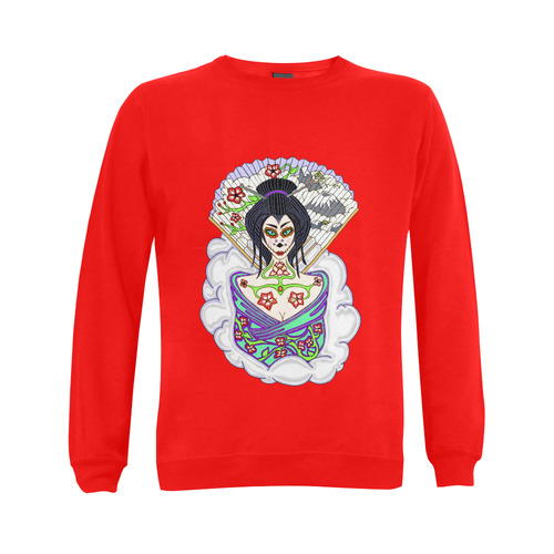 Geisha Sugar Skull Red Gildan Crewneck Sweatshirt(NEW) (Model H01)