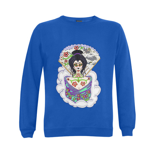 Geisha Sugar Skull Blue Gildan Crewneck Sweatshirt(NEW) (Model H01)