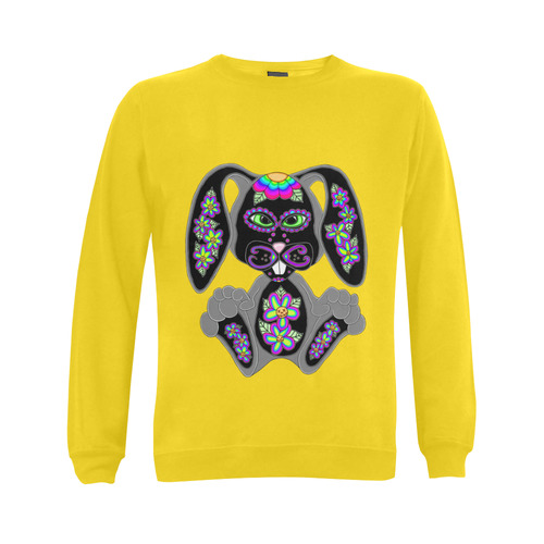 Neon Rainbow Sugar Skull Bunny Yellow Gildan Crewneck Sweatshirt(NEW) (Model H01)