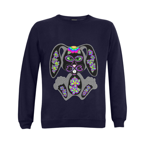 Neon Rainbow Sugar Skull Bunny Dark Blue Gildan Crewneck Sweatshirt(NEW) (Model H01)