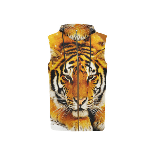 Siberian Tiger All Over Print Sleeveless Zip Up Hoodie for Women (Model H16)