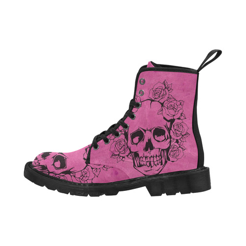 Skull with roses, pink Martin Boots for Women (Black) (Model 1203H)