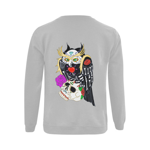 Sugar Skull Owl And Skull Grey Gildan Crewneck Sweatshirt(NEW) (Model H01)