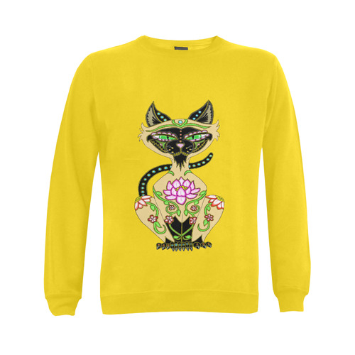 Siamese Cat Sugar Skull Yellow Gildan Crewneck Sweatshirt(NEW) (Model H01)