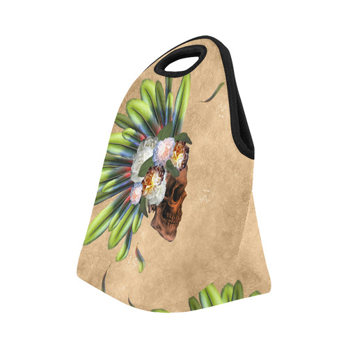 Amazing skull with feathers and flowers Neoprene Lunch Bag/Small (Model 1669)