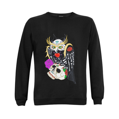 Sugar Skull Owl And Skull Black Gildan Crewneck Sweatshirt(NEW) (Model H01)