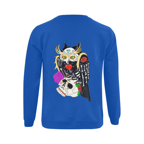 Sugar Skull Owl And Skull Blue Gildan Crewneck Sweatshirt(NEW) (Model H01)