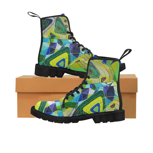 Abstract Geometric Fabric Painting Blue Green Martin Boots for Women (Black) (Model 1203H)