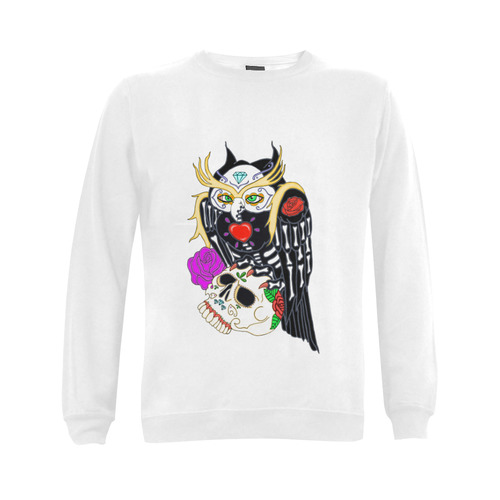 Sugar Skull Owl And Skull White Gildan Crewneck Sweatshirt(NEW) (Model H01)