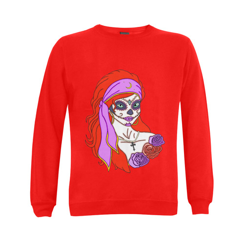 Gypsy Sugar Skull Red Gildan Crewneck Sweatshirt(NEW) (Model H01)