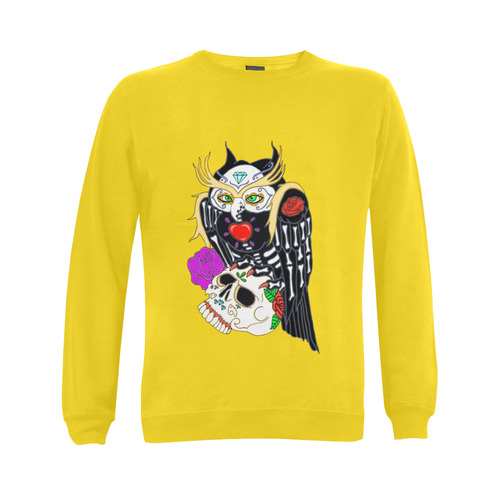 Sugar Skull Owl And Skull Yellow Gildan Crewneck Sweatshirt(NEW) (Model H01)