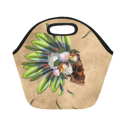 Amazing skull with feathers and flowers Neoprene Lunch Bag/Small (Model 1669)