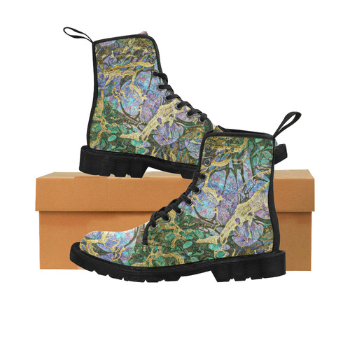 Abstract Green Watercolor Brush Painting with Gold Martin Boots for Women (Black) (Model 1203H)