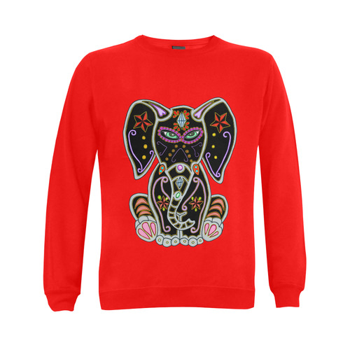 Mystical Sugar Skull Elephant Red Gildan Crewneck Sweatshirt(NEW) (Model H01)