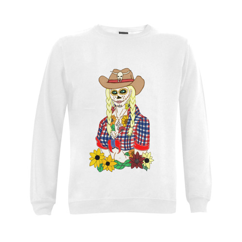 Cowgirl Sugar Skull White Gildan Crewneck Sweatshirt(NEW) (Model H01)