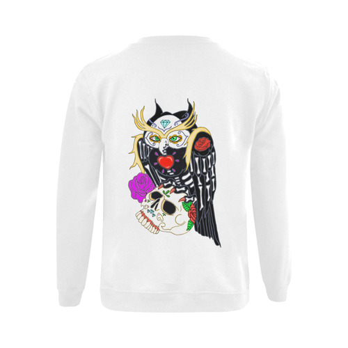 Sugar Skull Owl And Skull White Gildan Crewneck Sweatshirt(NEW) (Model H01)