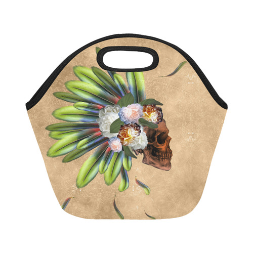 Amazing skull with feathers and flowers Neoprene Lunch Bag/Small (Model 1669)
