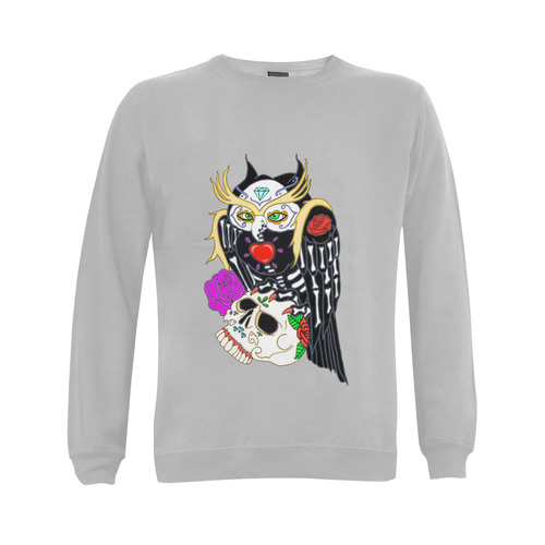 Sugar Skull Owl And Skull Grey Gildan Crewneck Sweatshirt(NEW) (Model H01)