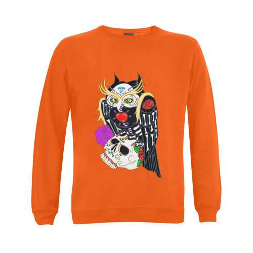 Sugar Skull Owl And Skull Orange Gildan Crewneck Sweatshirt(NEW) (Model H01)