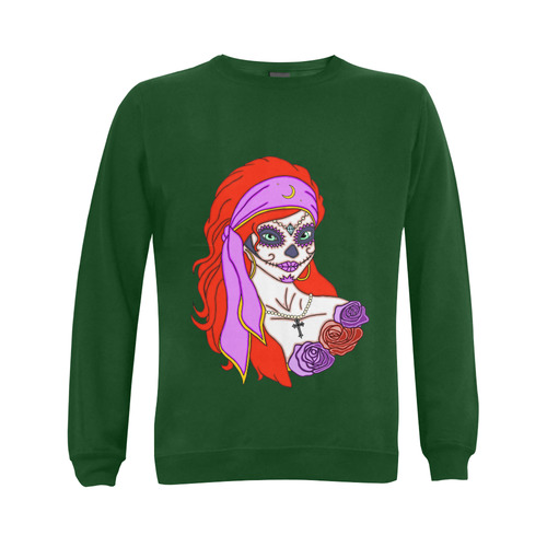 Gypsy Sugar Skull Green Gildan Crewneck Sweatshirt(NEW) (Model H01)