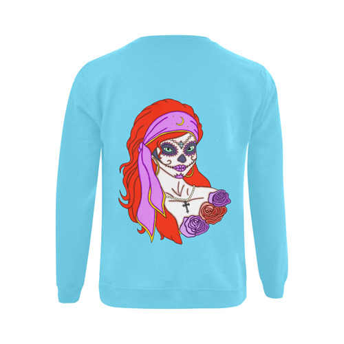 Gypsy Sugar Skull Aqua Blue Gildan Crewneck Sweatshirt(NEW) (Model H01)