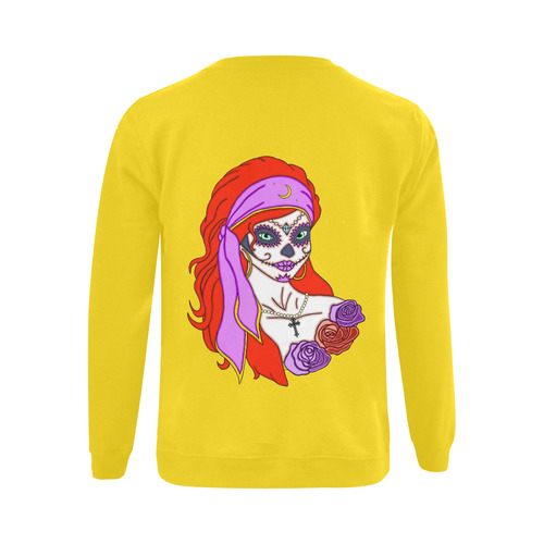 Gypsy Sugar Skull Yellow Gildan Crewneck Sweatshirt(NEW) (Model H01)
