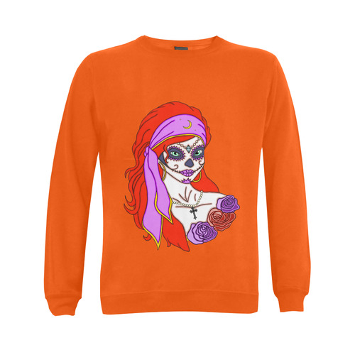 Gypsy Sugar Skull Orange Gildan Crewneck Sweatshirt(NEW) (Model H01)