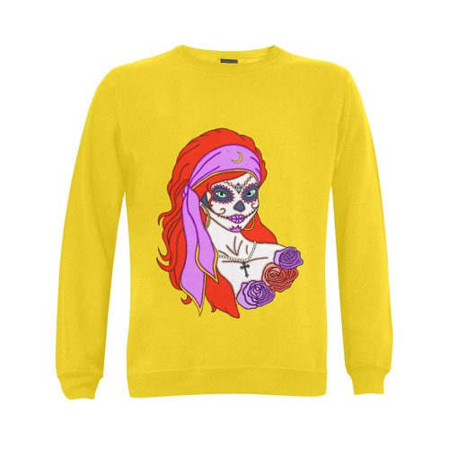 Gypsy Sugar Skull Yellow Gildan Crewneck Sweatshirt(NEW) (Model H01)