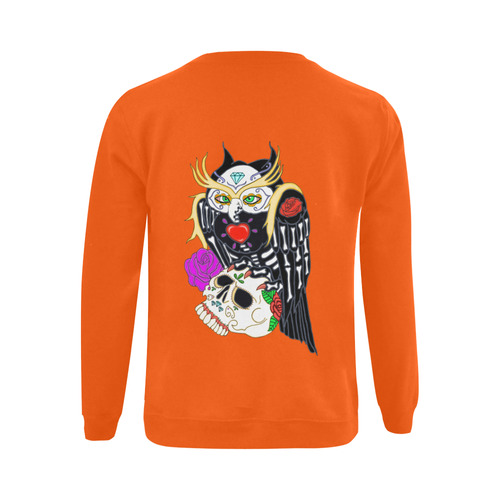 Sugar Skull Owl And Skull Orange Gildan Crewneck Sweatshirt(NEW) (Model H01)