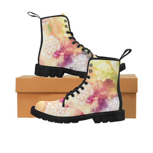 Watercolor LOTUS MANDALA Pattern - grunge style Martin Boots for Women (Black) (Model 1203H)