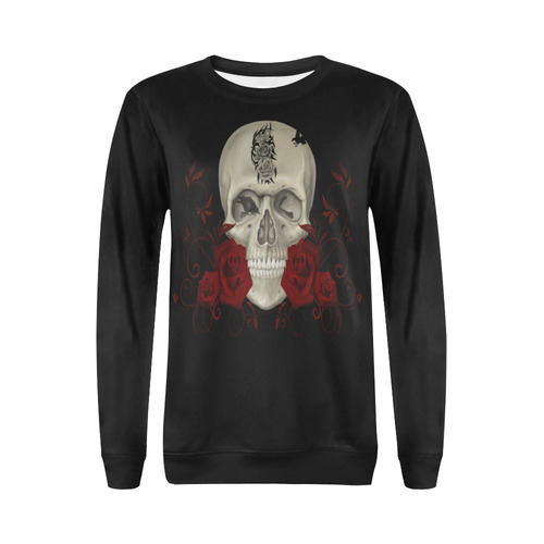 Gothic Skull With Tribal Tatoo All Over Print Crewneck Sweatshirt for Women (Model H18)
