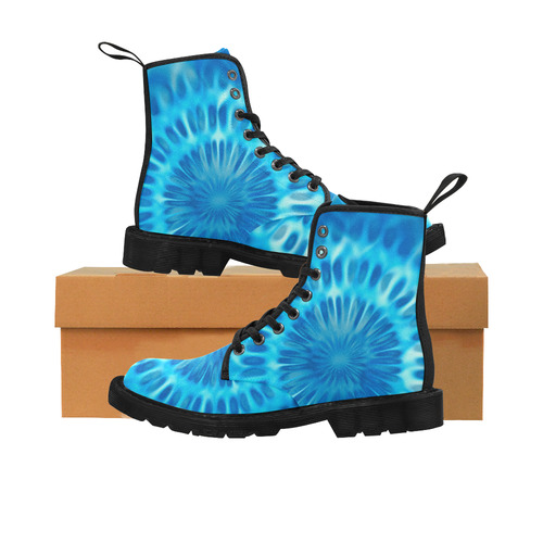 MAGIC FRACTAL FLOWER blue cyan Martin Boots for Women (Black) (Model 1203H)