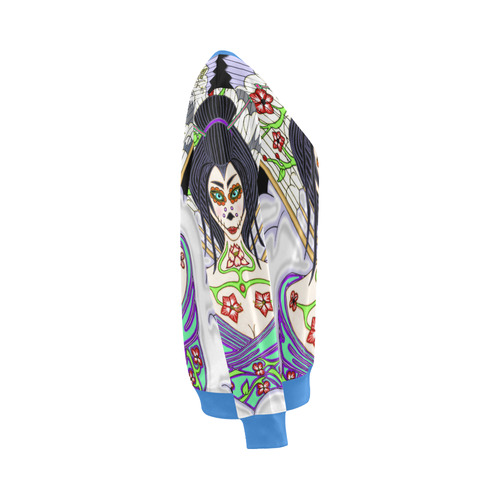 Geisha Sugar Skull Blue All Over Print Crewneck Sweatshirt for Women (Model H18)