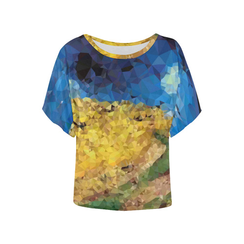 Van Gogh Wheatfield Crows Low Poly Women's Batwing-Sleeved Blouse T shirt (Model T44)