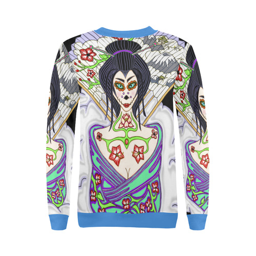 Geisha Sugar Skull Blue All Over Print Crewneck Sweatshirt for Women (Model H18)