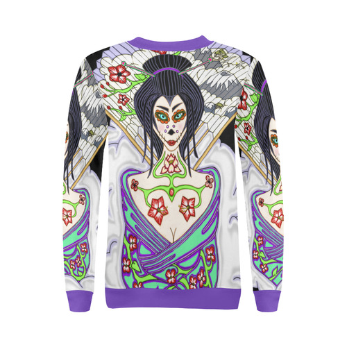 Geisha Sugar Skull Purple All Over Print Crewneck Sweatshirt for Women (Model H18)