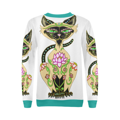 Siamese Cat Sugar Skull White And Turquoise All Over Print Crewneck Sweatshirt for Women (Model H18)