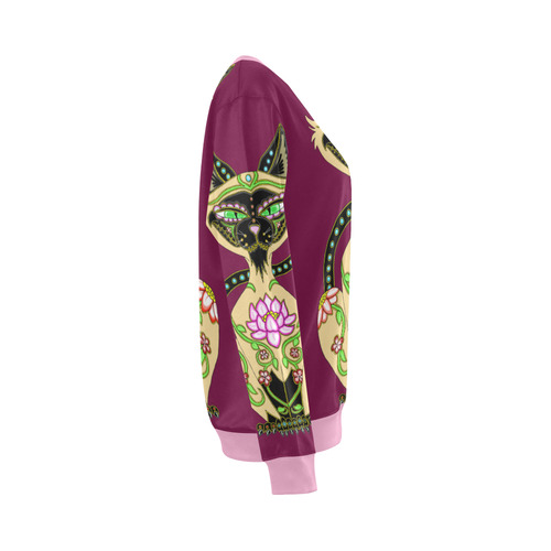 Siamese Cat Sugar Skull Plum And Pink All Over Print Crewneck Sweatshirt for Women (Model H18)