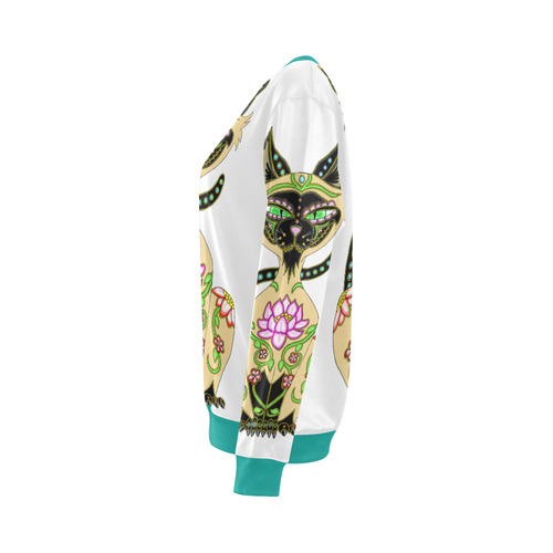 Siamese Cat Sugar Skull White And Turquoise All Over Print Crewneck Sweatshirt for Women (Model H18)