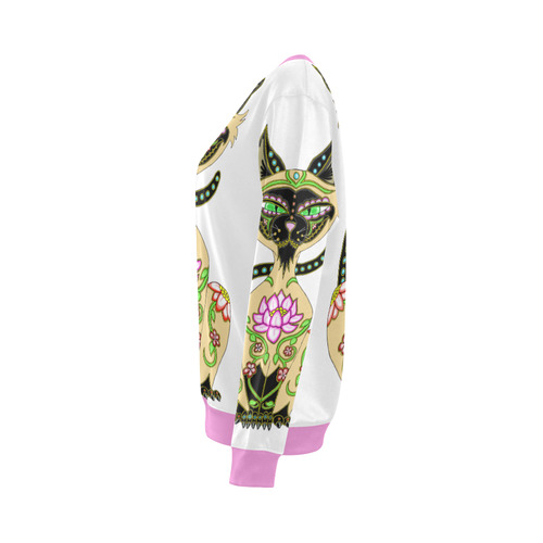 Siamese Cat Sugar Skull White And Pink All Over Print Crewneck Sweatshirt for Women (Model H18)