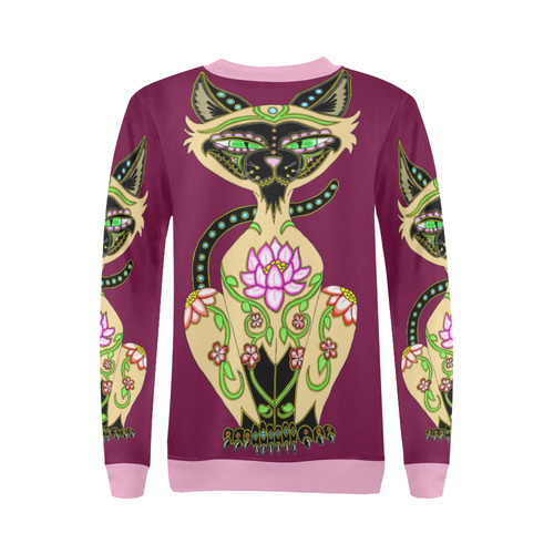 Siamese Cat Sugar Skull Plum And Pink All Over Print Crewneck Sweatshirt for Women (Model H18)