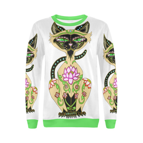Siamese Cat Sugar Skull White And Green All Over Print Crewneck Sweatshirt for Women (Model H18)
