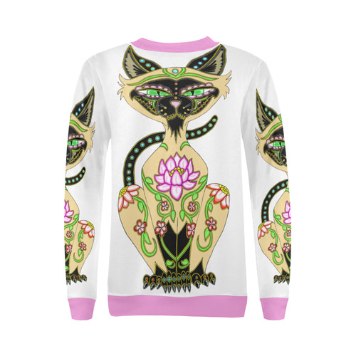 Siamese Cat Sugar Skull White And Pink All Over Print Crewneck Sweatshirt for Women (Model H18)