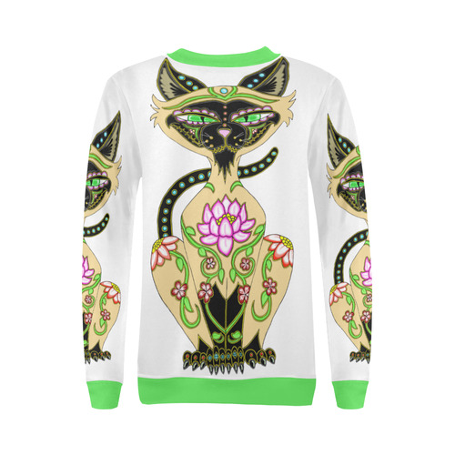 Siamese Cat Sugar Skull White And Green All Over Print Crewneck Sweatshirt for Women (Model H18)