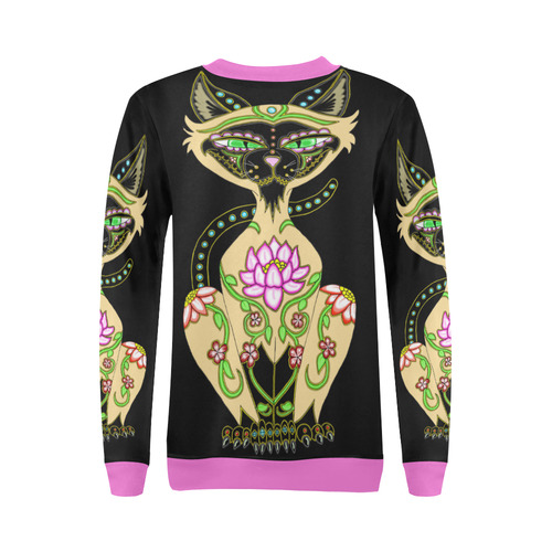 Siamese Cat Sugar Skull Black And Pink All Over Print Crewneck Sweatshirt for Women (Model H18)