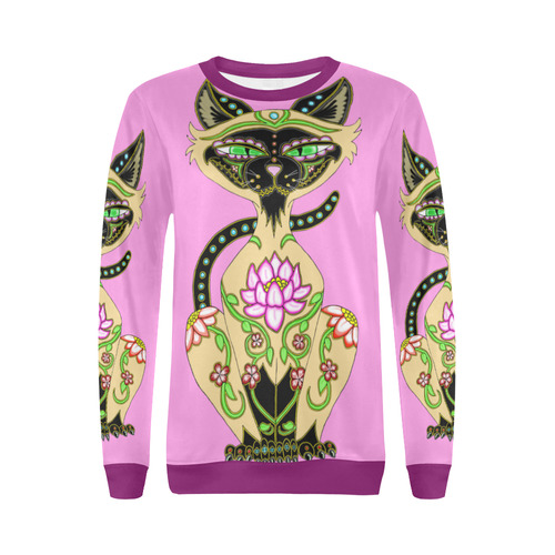 Siamese Cat Sugar Skull Pink And |Purple All Over Print Crewneck Sweatshirt for Women (Model H18)
