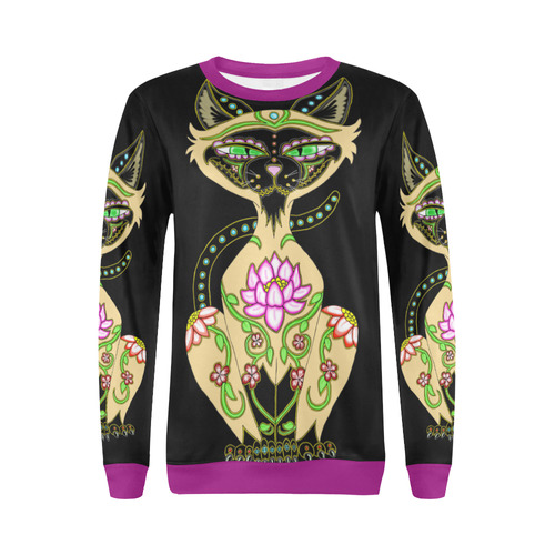 Siamese Cat Sugar Skull Black And Purple All Over Print Crewneck Sweatshirt for Women (Model H18)