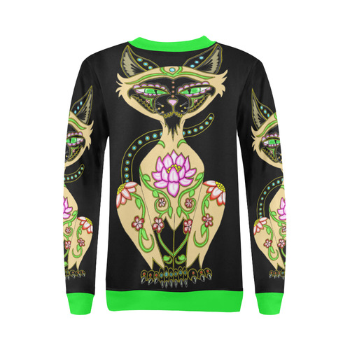 Siamese Cat Sugar Skull Black And Green All Over Print Crewneck Sweatshirt for Women (Model H18)
