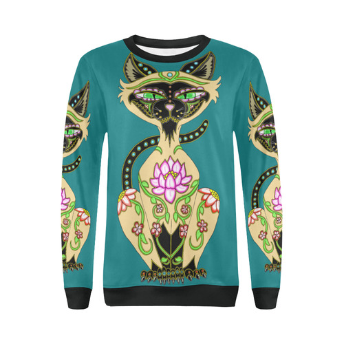 Siamese Cat Sugar Skull Turquoise And Black All Over Print Crewneck Sweatshirt for Women (Model H18)
